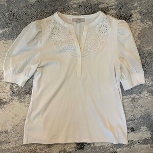Loft Cream Embroidered Puff Sleeve Women's Top